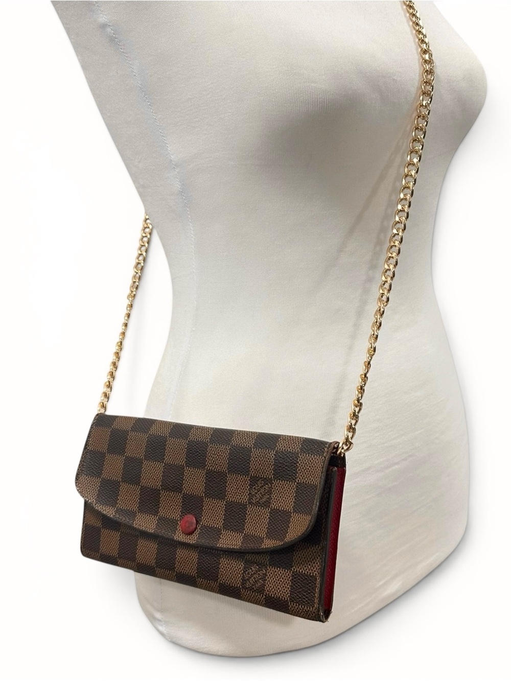 Louis Vuitton Damier Ebene & Red Leather Emilie Wallet on Chain